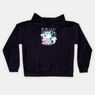 Kawaii Aesthetics Japanese Strawberry Milk Shake かわいい Fox - Blue - Strawberry Milk Kids Hoodie